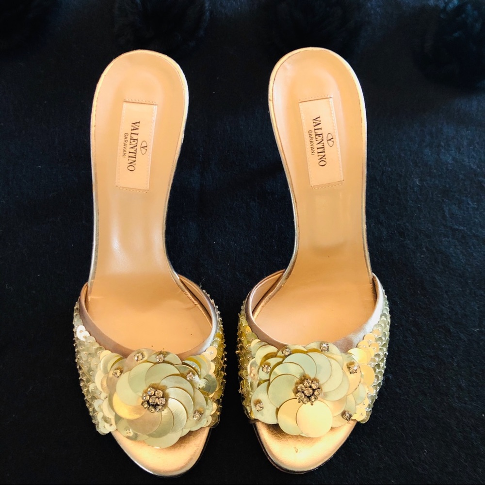 Valentino Gold Sequin Flower Jeweled Slides